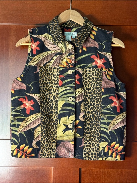 Coldwater Creek Jackets & Blazers - 90’s Vintage Coldwater Creek Black Floral and Leopard Print Cotton Vest Size S